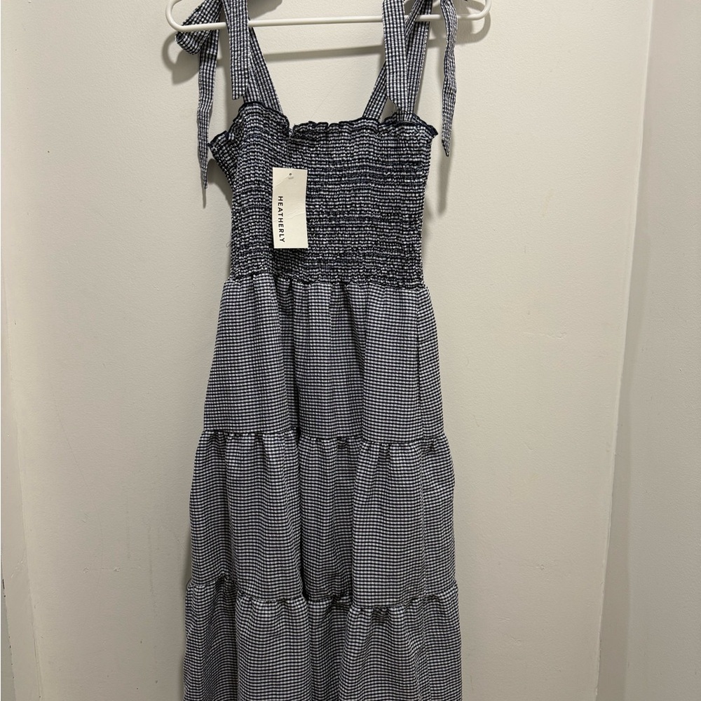 Heathery Navy Blue Gingham Smocked Tiered Sundress Size MP - Picture 5 of 7
